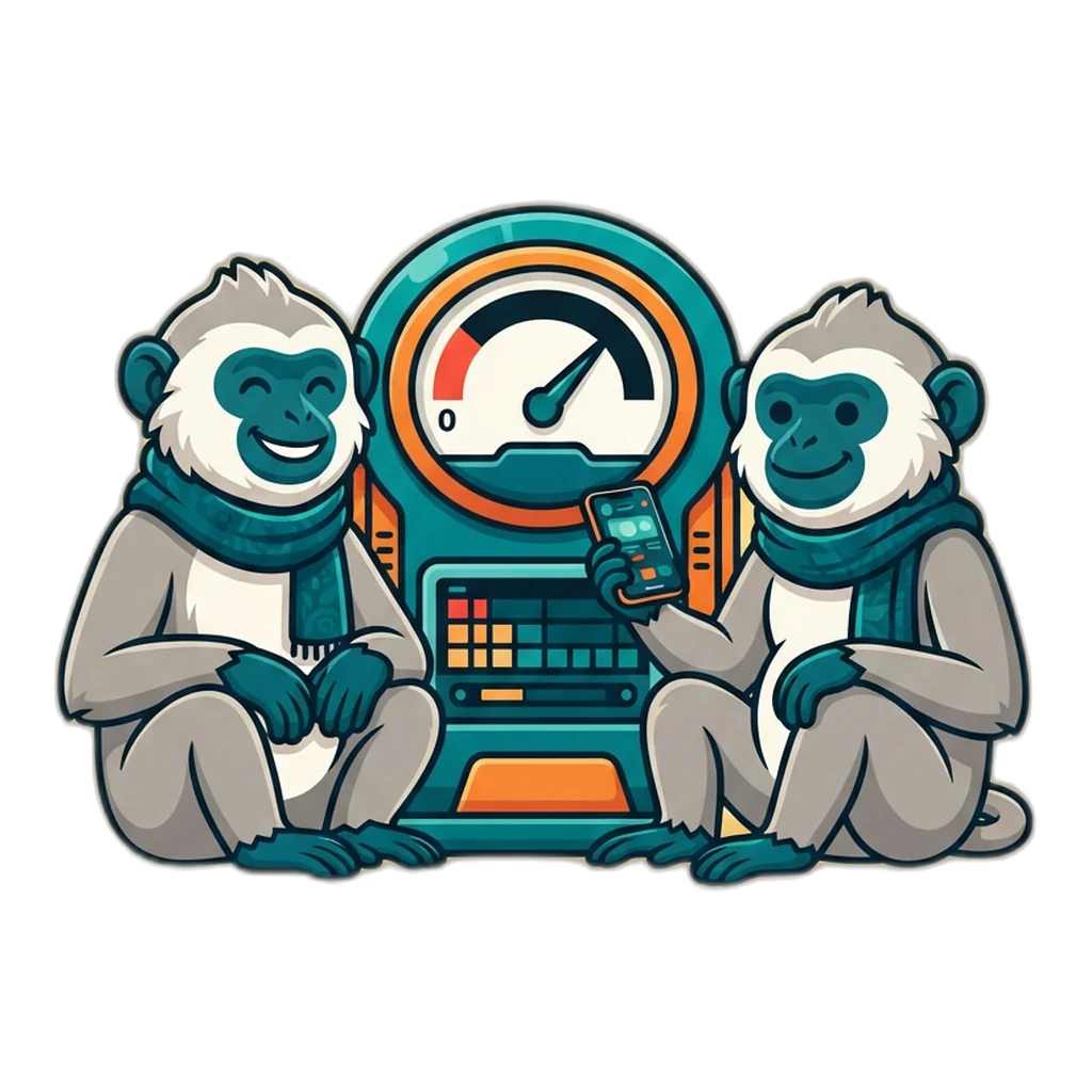 Two langur monkeys checking a data meter that shows low use