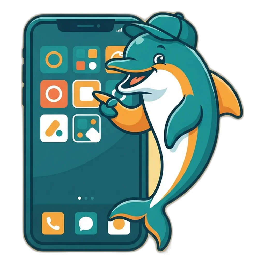 River dolphin pointing at the 6E Club app tile on a phone home screen