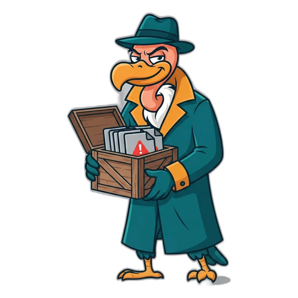 Shady vulture pedlar offering a crate of fake APK files with warning signs
