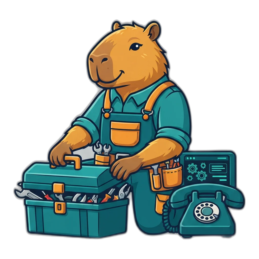 Capybara repair worker with a toolbox fixing a browser icon on a phone