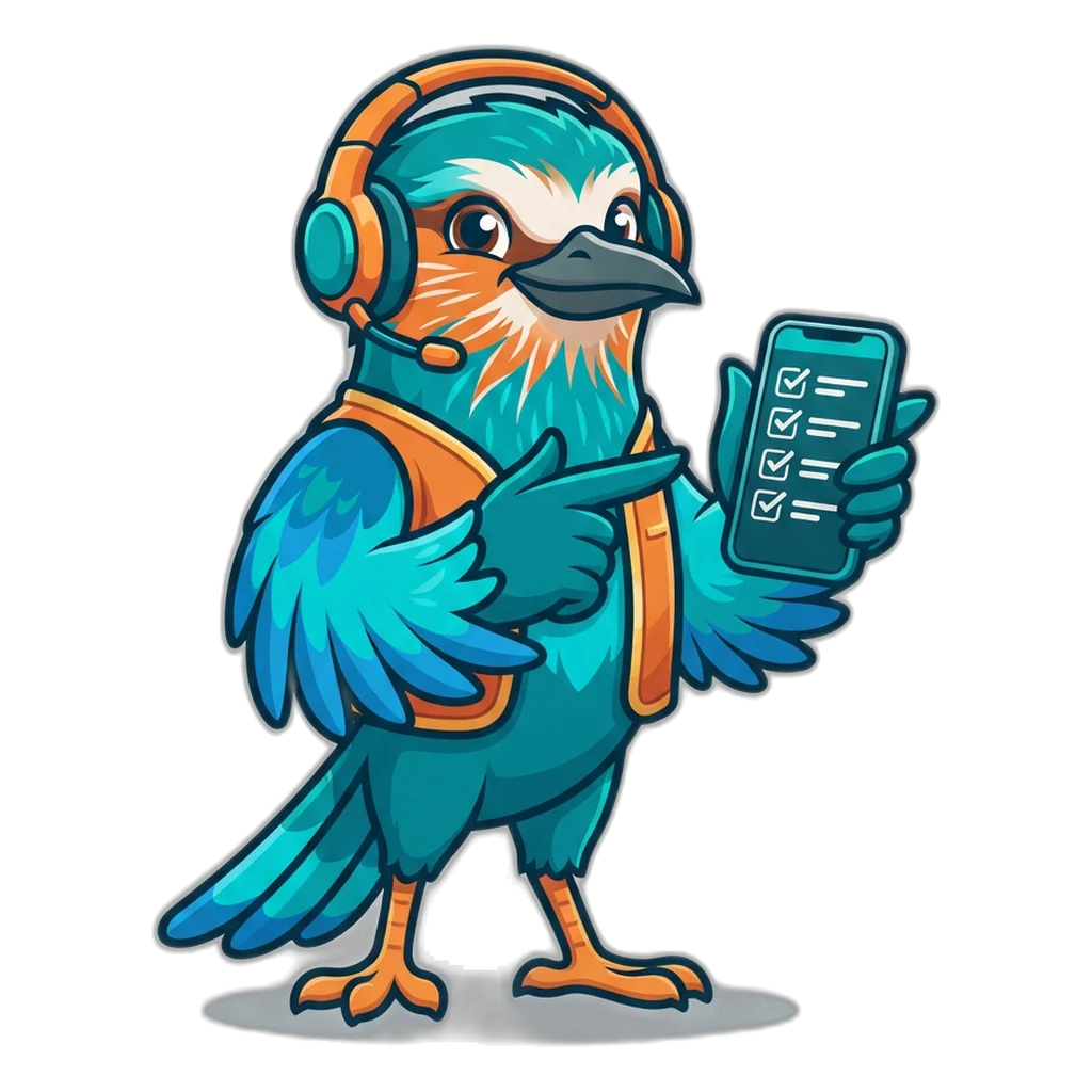 Indian roller bird with a headset pointing at a phone fix-it checklist