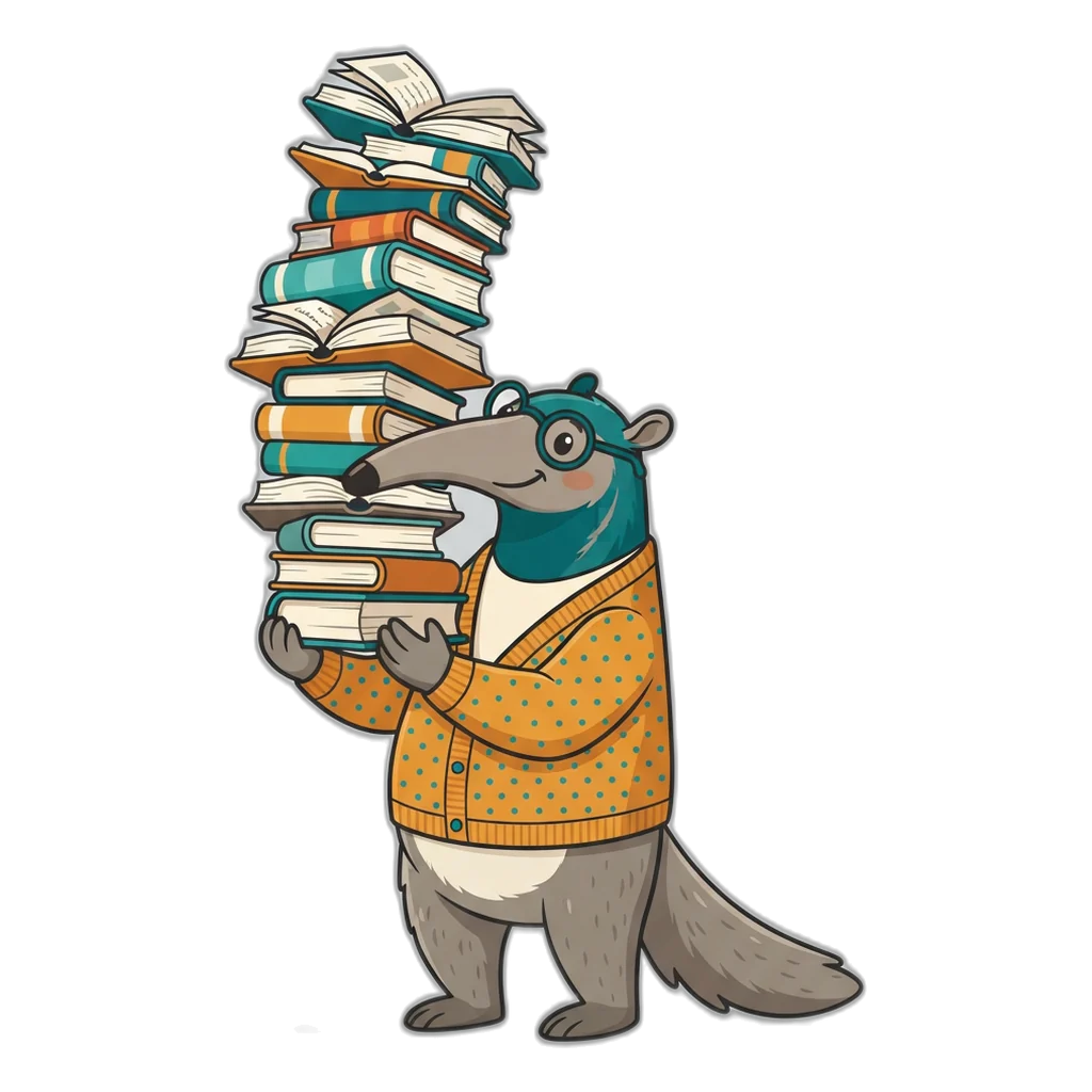 Anteater librarian balancing a stack of open books about coins and rounds