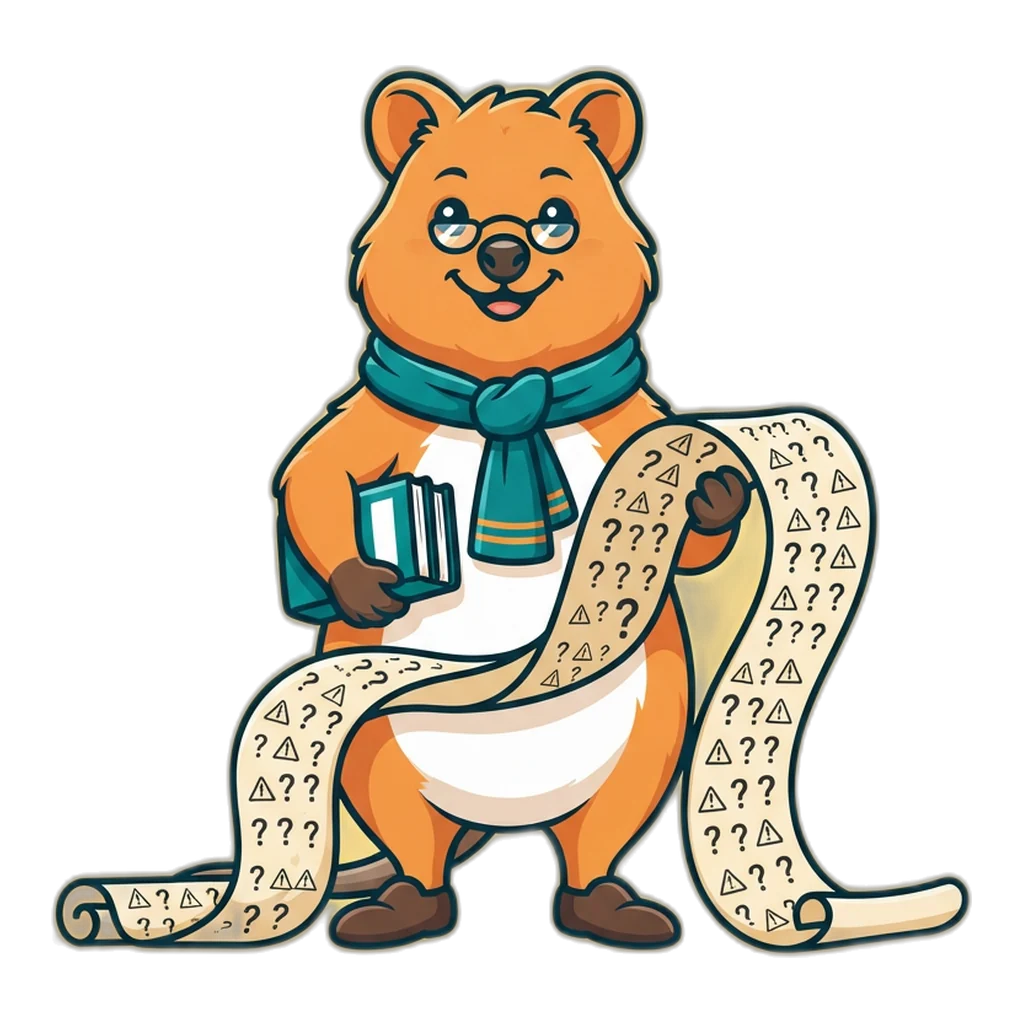Smiling quokka unrolling a scroll of scam warning signs