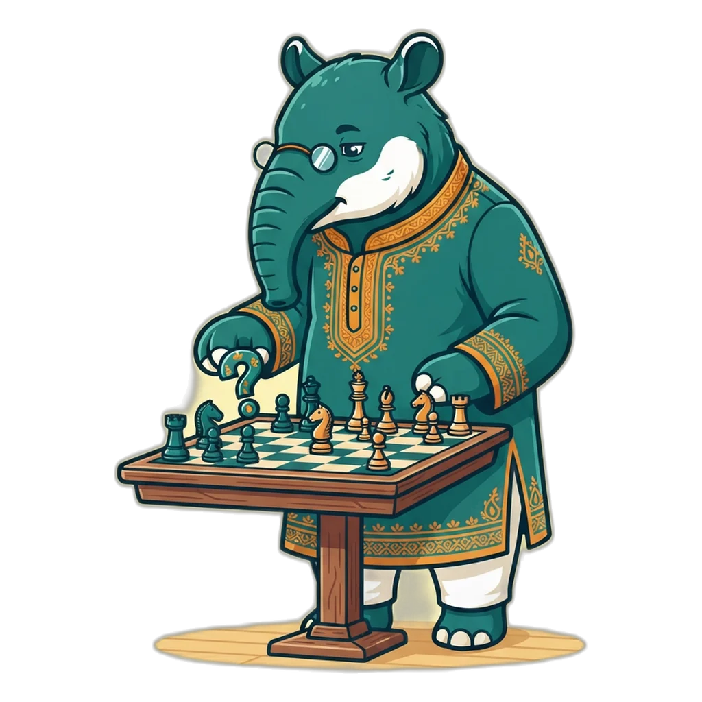 Tapir chess master moving a question-mark piece on the 6E Club FAQ page