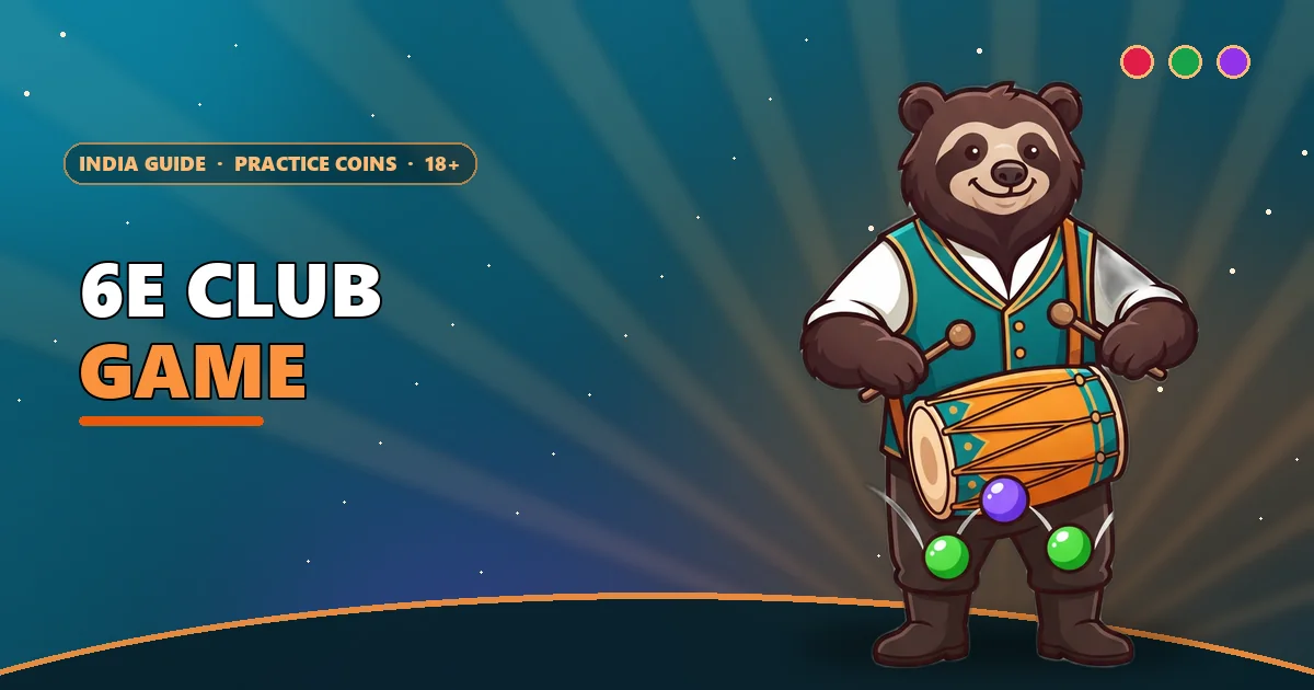 Sloth bear drummer with bouncing red, green and violet balls for the 6E Club game guide