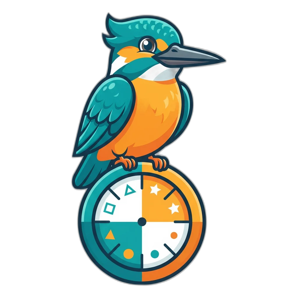 Kingfisher perched on a round timer with four round lengths of the 6E Club game