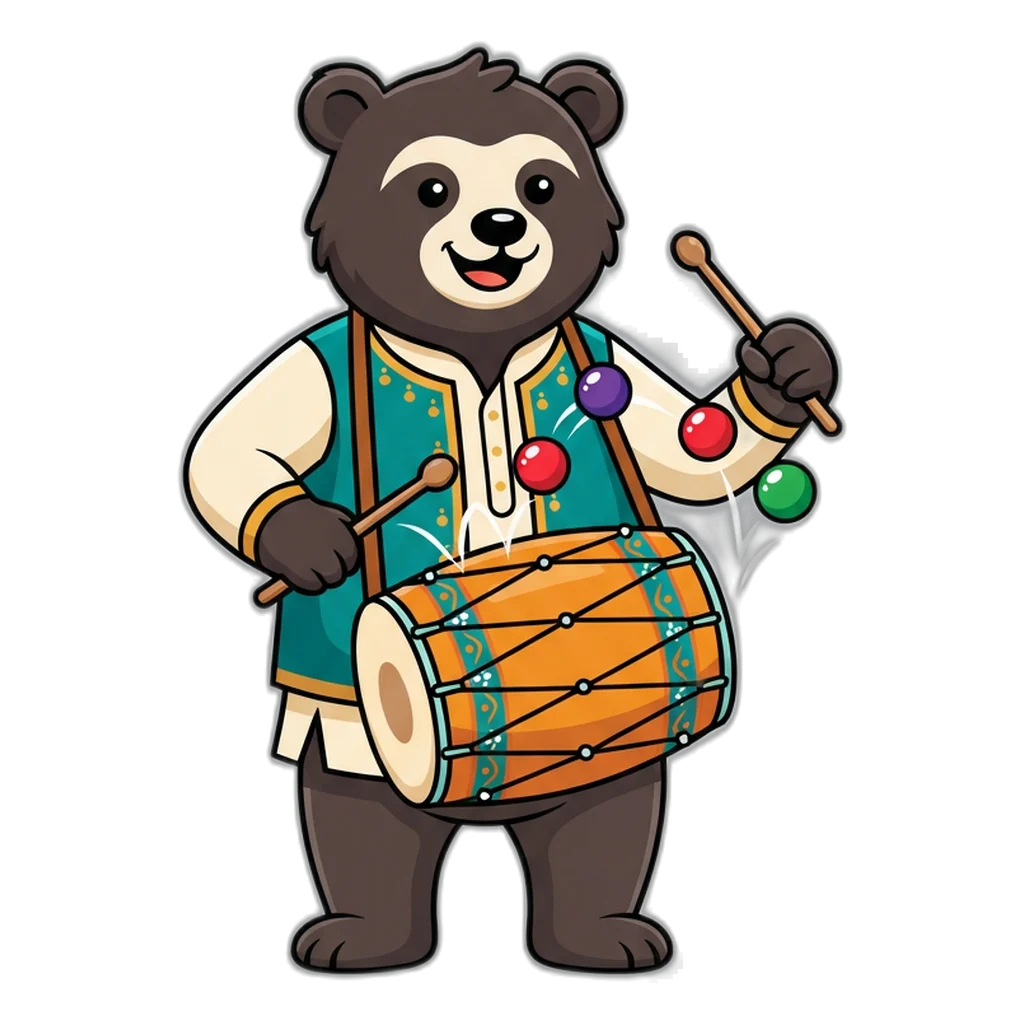 Sloth bear drummer with red, green and violet number balls bouncing from a drum