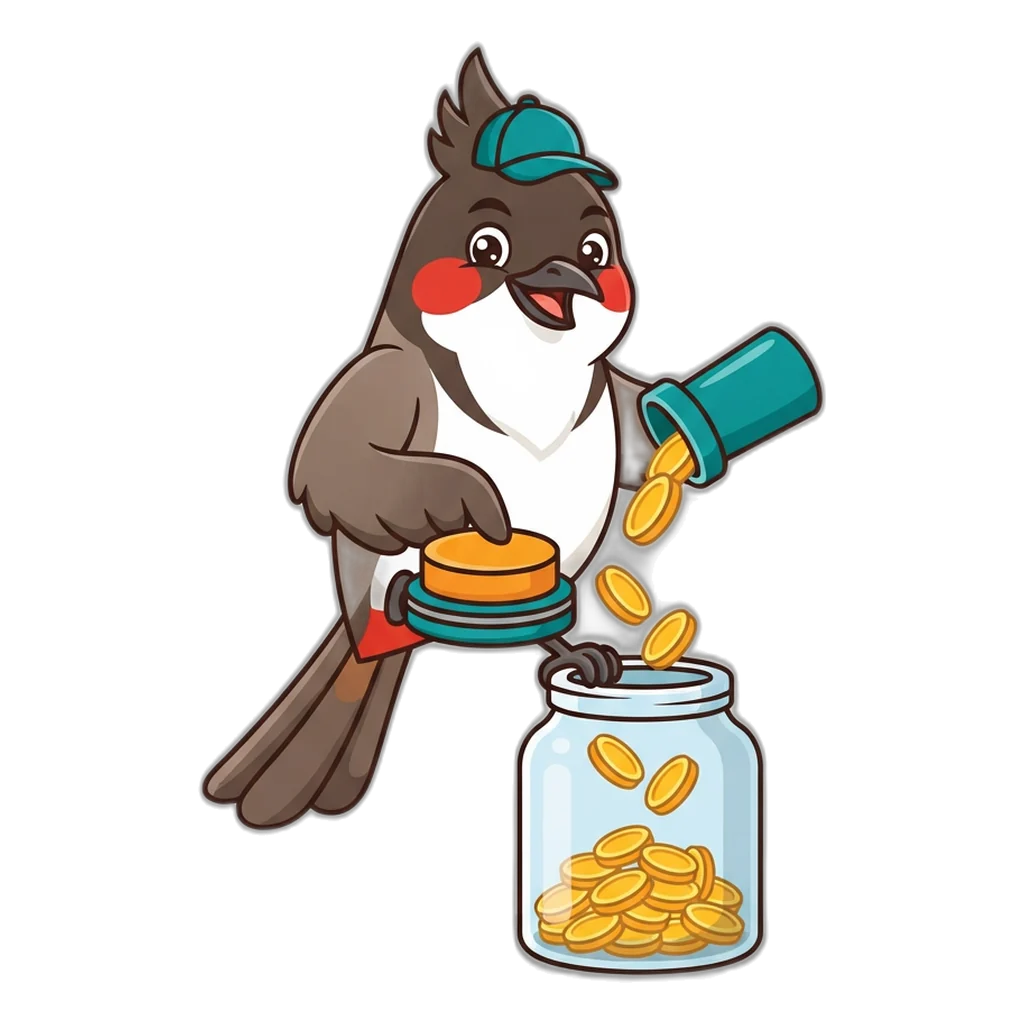 Bulbul bird pressing a refill button that pours practice coins into a jar