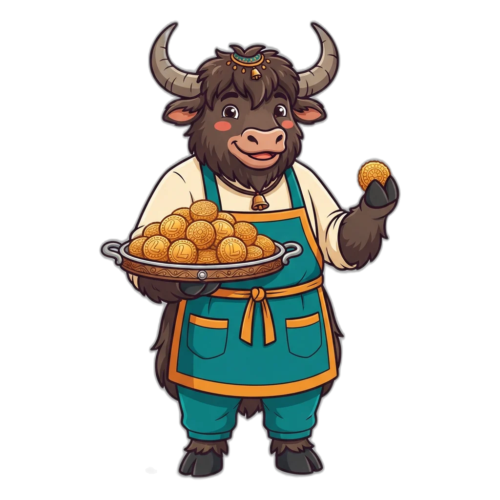 Yak sweet-shop owner handing out coin-shaped ladoos with no code needed