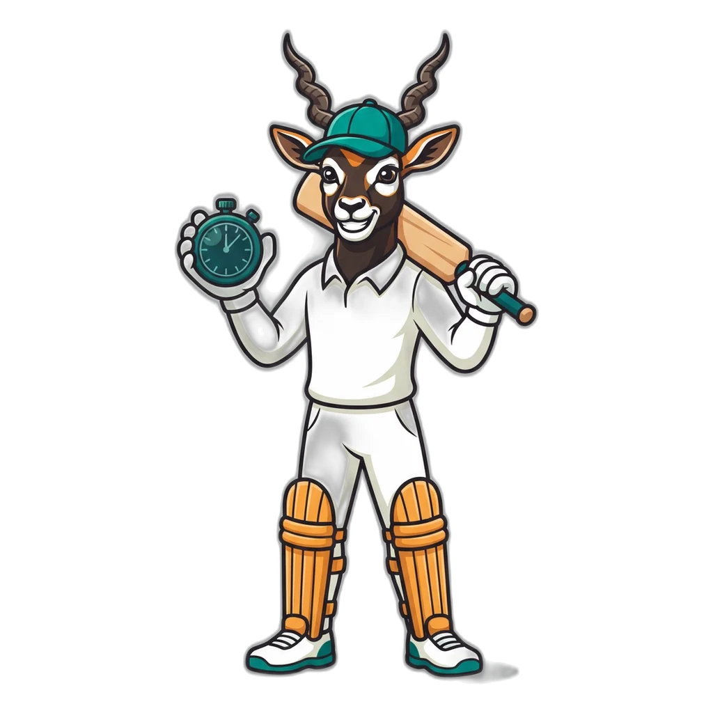 Blackbuck antelope batsman in cricket whites holding up a round timer