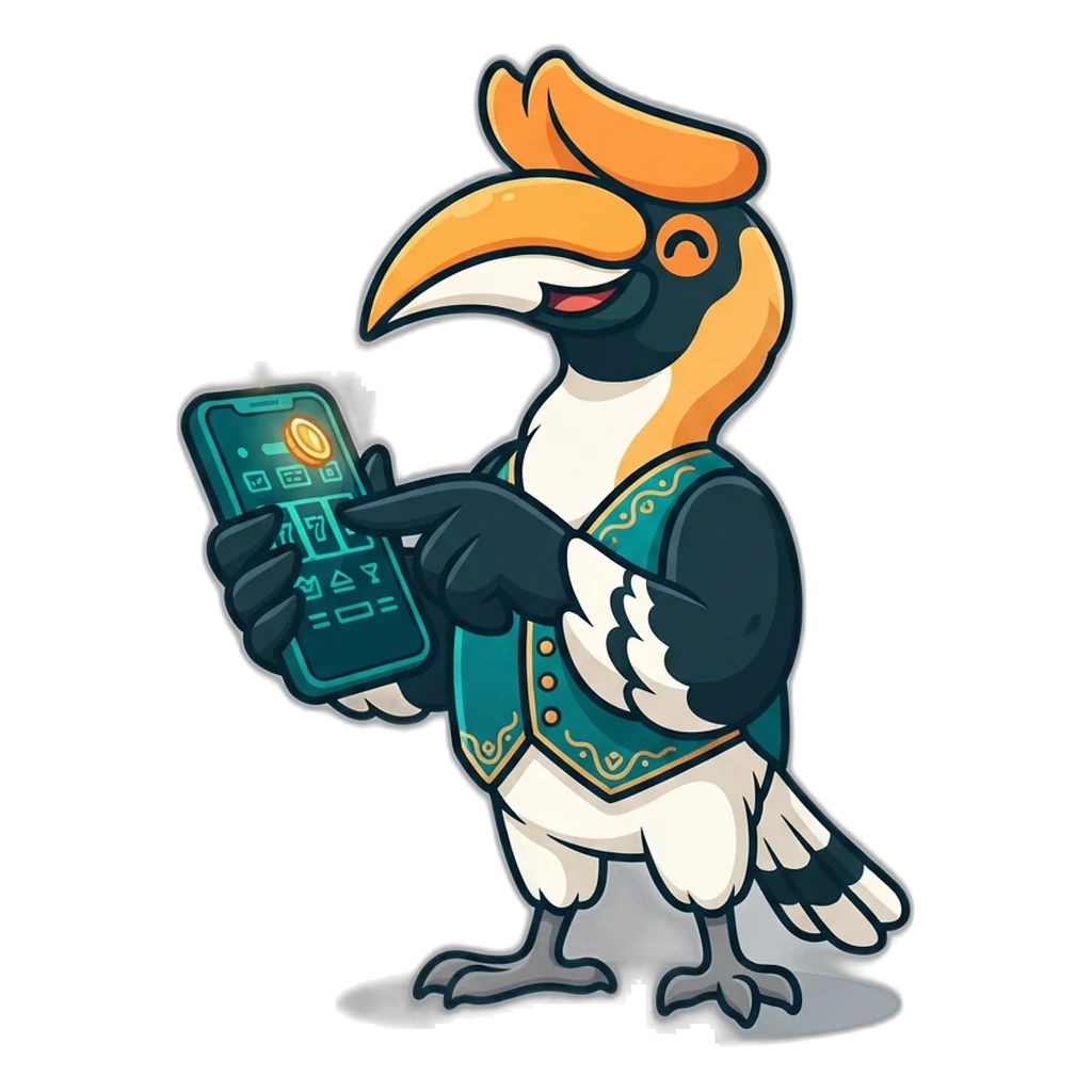 6E Club hornbill mascot tapping a phone as practice coins glow on screen