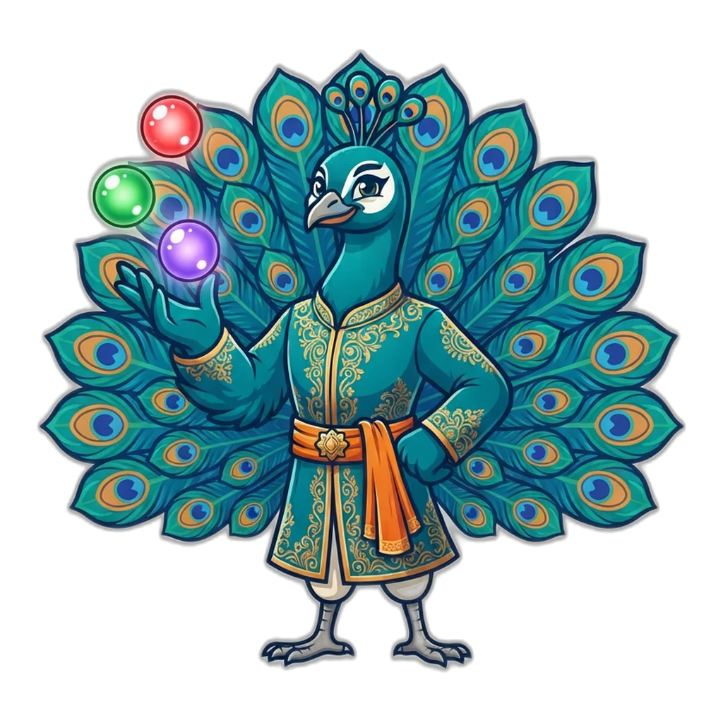 Peacock royal in a teal sherwani holding glowing red, green and violet orbs