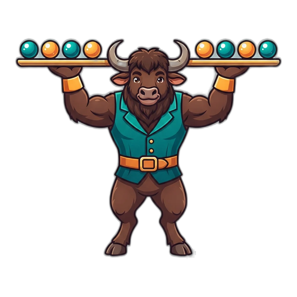 Gaur bison strongman holding a level balance carrying ten numbered orbs