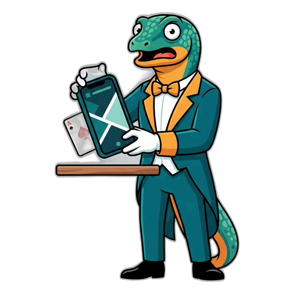 Monitor lizard magician revealing the hidden card behind a fake hack app