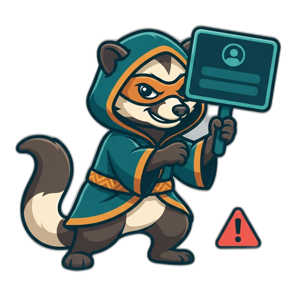 Sly masked civet holding a fake sign-in mask beside a red warning sign