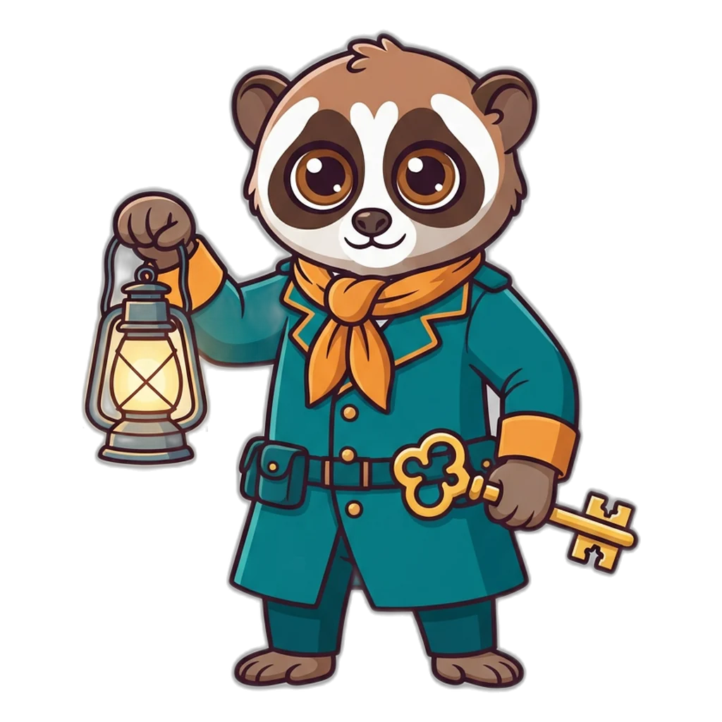 Big-eyed slow loris night guard with a lantern and a key