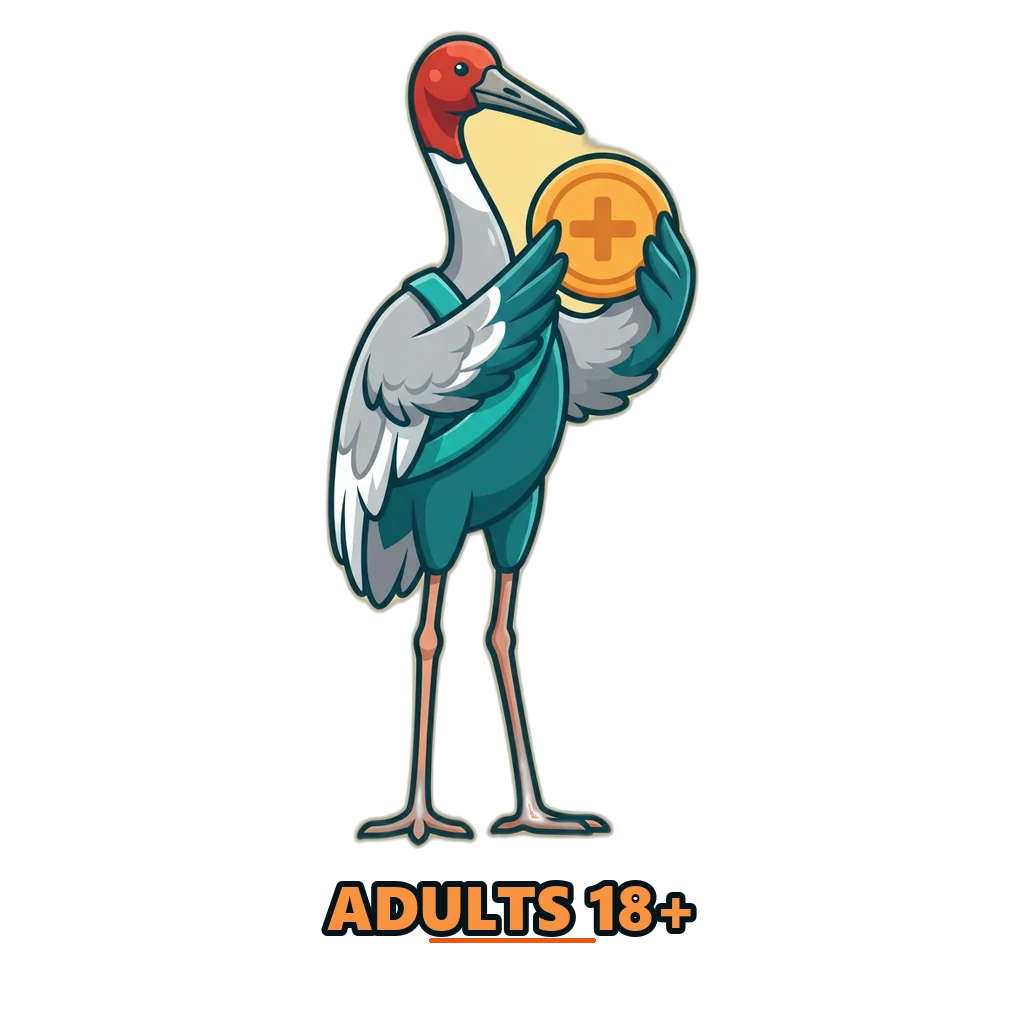 Sarus crane holding a round badge above an Adults 18+ label