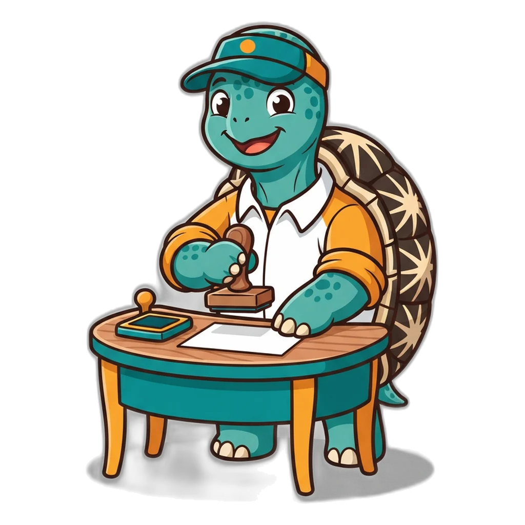Star tortoise clerk at a small desk stamping a free pass ticket