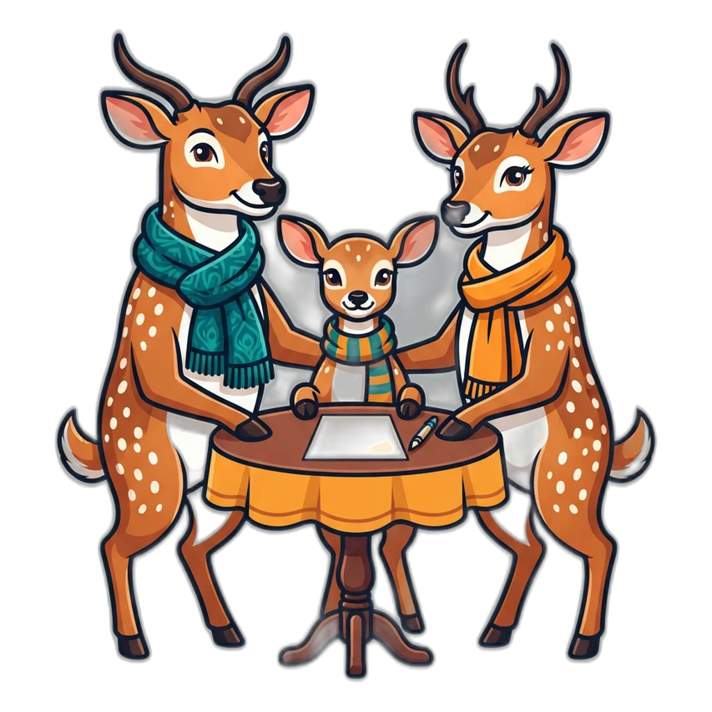 A spotted deer family agreeing on 6E Club safety house rules at a table