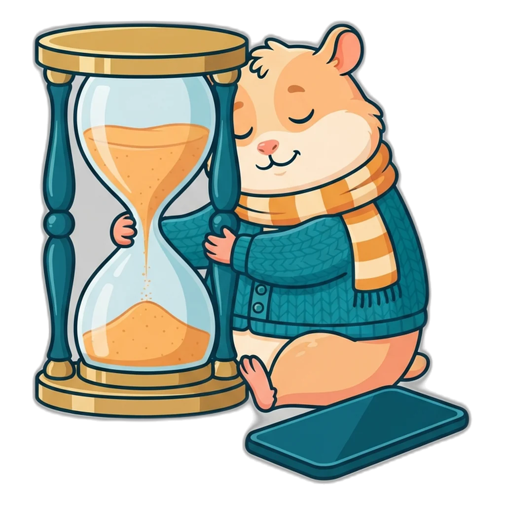 Sleepy hamster hugging an hourglass as a reminder to take breaks