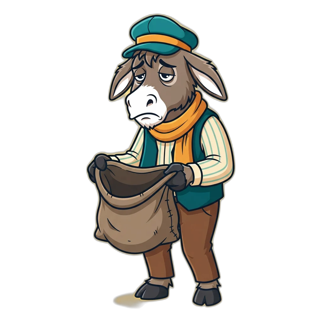 Donkey trader holding open an empty money bag after a fake payout promise